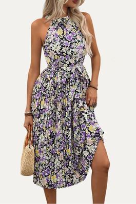Breezy Floral Print Halter Sleeveless Pleated Midi Dress