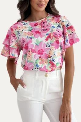 Adorable Floral Print Round Neck Ruffle Short Sleeve Top