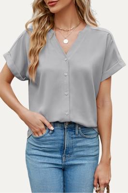 Daily Essential V-Neck Short Sleeve Button-Up Top