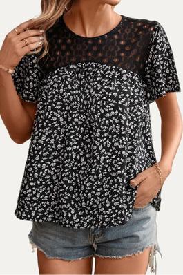 Cutest Black Floral Lace Splicing Short Sleeve Top