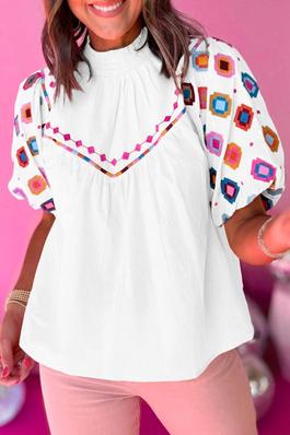 Geometric Embroidered Puff Sleeve Top