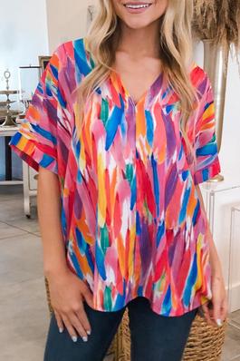 Abstract V-Neck Short Sleeve Blouse