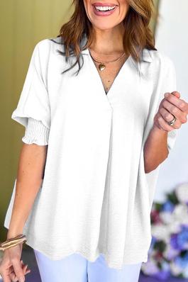 Collared V-Neck Smocked Cuffs Blouse