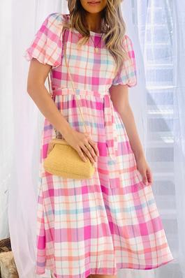 Checkered Puff Sleeve Midi Dress