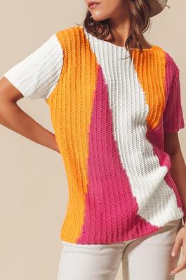 Colorblock Short Sleeve Knit Sweater