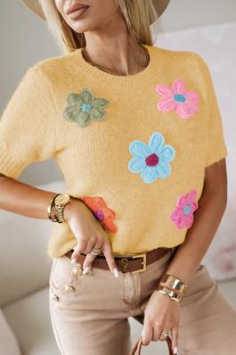 Floral Applique Short Sleeve Sweater