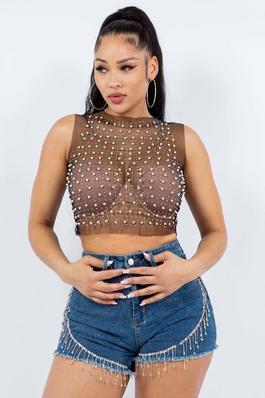 Glamorous Pearl and Stone Embellished Mesh Crop Top
