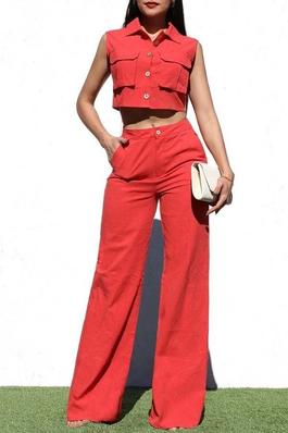 Refined Elegance Button-Up Top High-Waisted Pant Set
