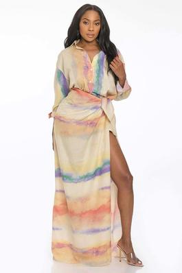 Tie Dye Delight Shirt Dress with Scarf