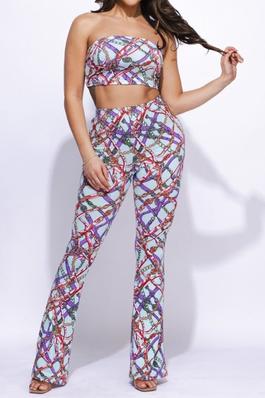 Boho Blossom Set Vibrant Tube Top with Flowing Flared Pants