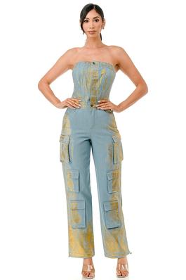 Foil-Coated Cargo Denim Jumpsuit with Tube Top Bodice