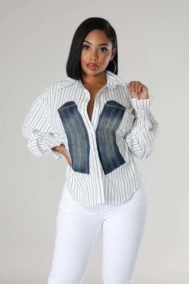 Denim Accent Collared Top Classic Button-Up Long Sleeve