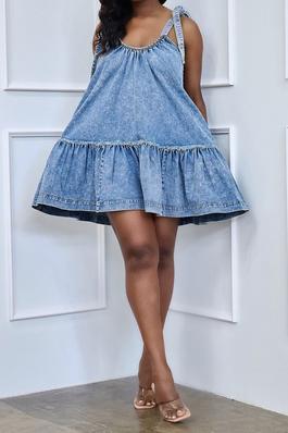 Denim Delight A-Line Dress with Ruffle Bottom and Side Pockets
