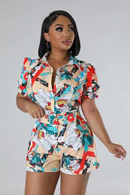 FLOWER PRINT FRONT KNOT CROP TOP AND SHORTS SET