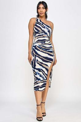 One Shoulder Multi-Colored Midi Dress with Keyhole and Slit