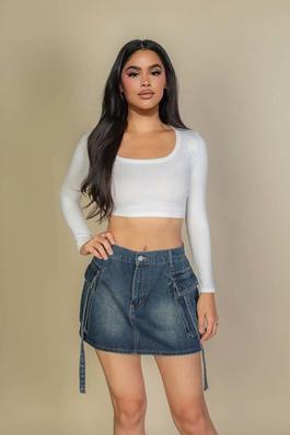 Square Neck Ribbed Long Sleeve Crop Top