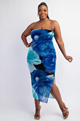 Plus Size Rose Print Mesh Strapless Dress with Side Slit