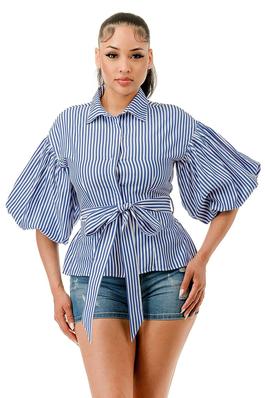 The Puff Sleeve Button-Up Waist Tie Blouse