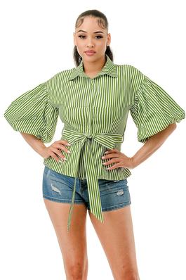 Plus The Puff Sleeve Button-Up Waist Tie Blouse