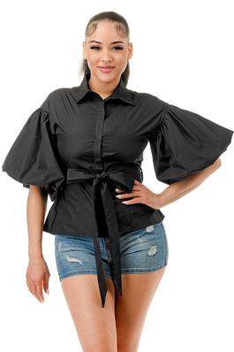 The Puff Sleeve Button-Up Waist Tie Blouse