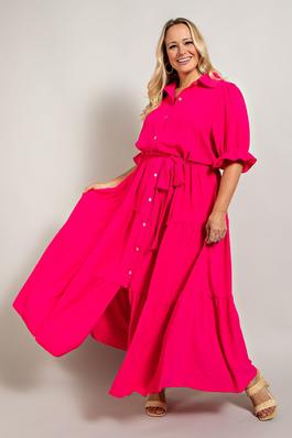 PLUS SIZE BUTTON DOWN MAXI SHIRT DRESS WITH TIERED HEM