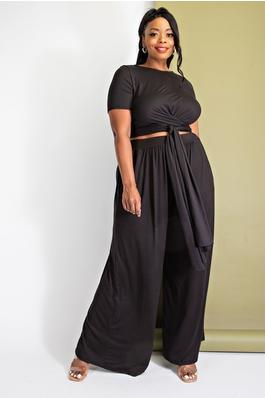 PLUS SIZE WRAP AROUND SHORT SLEEVE TOP AND PALAZZO PANTS SET