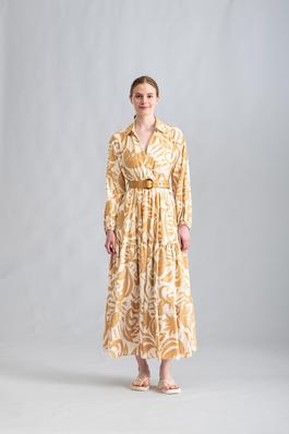 Bethany Collar Palm Print Long Sleeve Maxi Dress