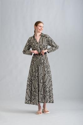 Barbara Long Sleeve Collar Belted Geo Maxi Dress