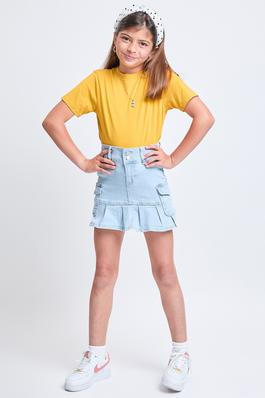 Girls Cargo Pleated Denim Mini Skirt