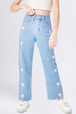 Girls Wide Leg Raw Hem Pink Heart Jeans