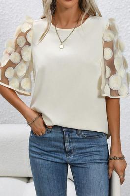 CONTRAST MESH APPLIQUES PUFF SLEEVE BLOUSE