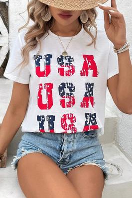 LUNE WOMEN SUMMER CASUAL SHORT SLEEVE T SHIRT WITH AMERICAN FLAG AND LETTER PRINT FOR INDEPENDENCE D