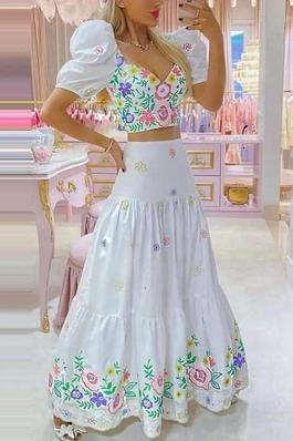 FLORAL PRINT PUFF SLEEVE CROP TOP RUCHED SKIRT SET