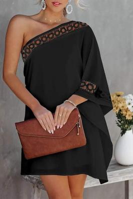 CONTRAST LACE ONE SHOULDER CASUAL DRESS