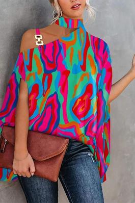 ABSTRACT PRINT CHAIN STRAP COLD SHOULDER TOP
