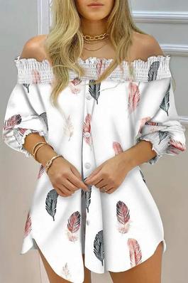FEATHER PRINT SHIRRED OFF SHOULDER CASUAL SHIRT DRESS