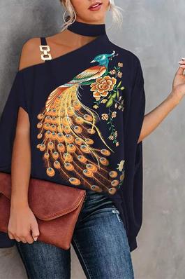 PEACOCK FLORAL PRINT CHAIN STRAP COLD SHOULDER TOP