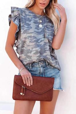 CAMOUFLAGE PRINT FLUTTER SLEEVE CASUAL T SHIRT
