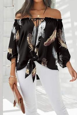 FEATHER PRINT TIED DETAIL OFF SHOULDER TOP