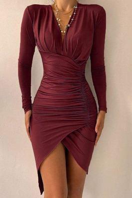 NEW Asymmetrical Ruched Long Sleeve Party Dress