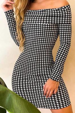 NEW Houndstooth Print Off Shoulder Bodycon Dress