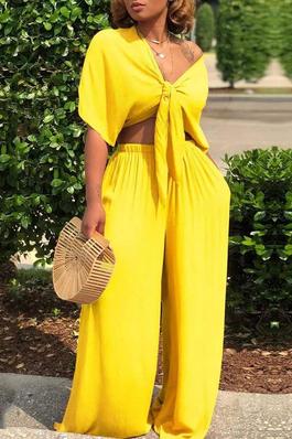 SHORT SLEEVE KNOTTED TOP WIDE LEG PANTS SET