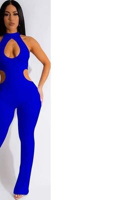 WOMEN S SEXY HOLLOWED OUT PURE COLOR JUMPSUIT
