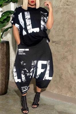 CASUAL O NECK LETTER PRINT BLACK TWO PIECE PANT