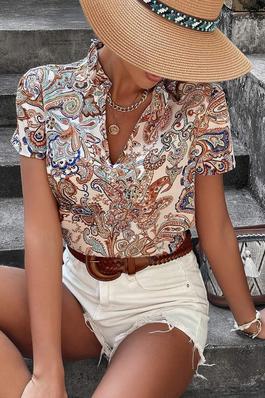 FLORAL PAISLEY PRINT NOTCHED NECKLINE PUFF SLEEVE BLOUSE