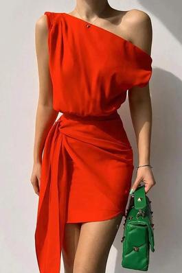 ONE SHOULDER TIED DETAIL CASUAL DRESS