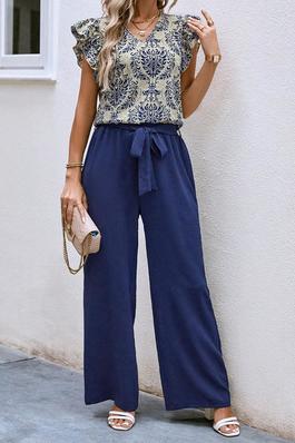 LUNE GRAPHIC PRINT BUTTERFLY SLEEVE TOP BELTED WIDE LEG PANTS