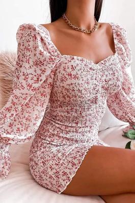 DITSY FLORAL PRINT PUFF SLEEVE SHIRRED BODYCON DRESS