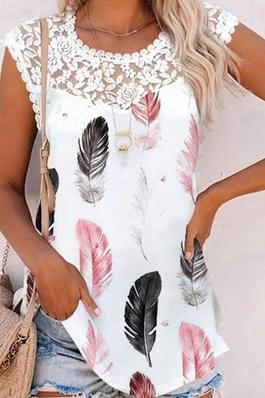 FEATHER PRINT CONTRAST LACE TANK TOP