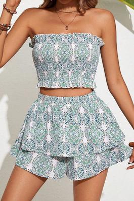 VCAY SUMMER FLORAL PRINT RUCHED STRAPLESS TOP AND ELASTIC WAIST SKIRT